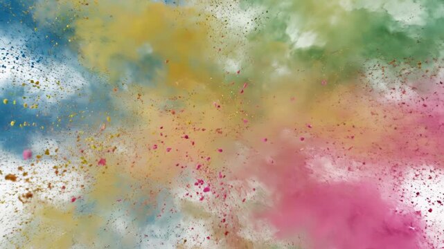 Colorful powder explosion isolated on white background with blue, yellow, green, and pink hues 4k video