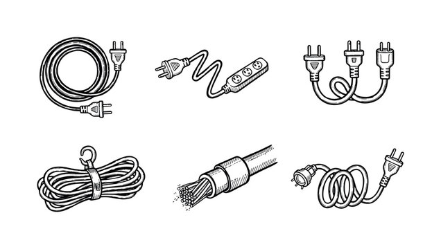 Set of various electrical cables and plugs hand-drawn in a black and white sketch style, including extension cords, a power strip, a splitter, and a wire cross-section