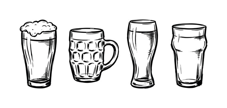 Collection of four hand-drawn beer glasses in a vintage sketch style, including a pint with foam, a dimpled mug, a weizen glass, and an ale glass for a pub menu