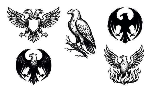 Set of five black ink illustrations of majestic eagles and a phoenix in various poses, including a heraldic double-headed eagle with a shield and a bird rising from flames