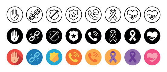 Set of domestic violence awareness icons in three different styles, including line art, solid glyph, and colorful flat design with symbols of support, help, and protection