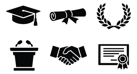 Fototapeta premium Silhouette icon set of 6 graduation and achievement symbols featuring mortarboard, diploma, handshake, podium, laurel wreath and certificate for education design