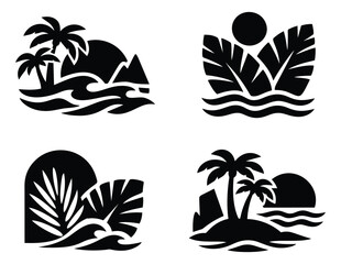 Silhouette icon set of 4 tropical scenes featuring palm trees, waves, mountains and exotic leaves for travel and summer design