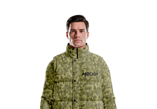 A Man Wearing A Puffer Vest Mockup