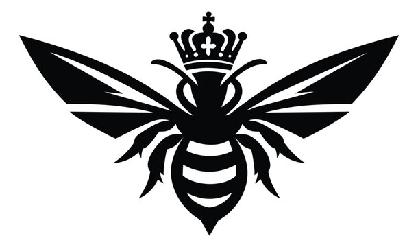 Silhouette illustration of queen bee depicting crowned insect with spread wings for royal honey brand design