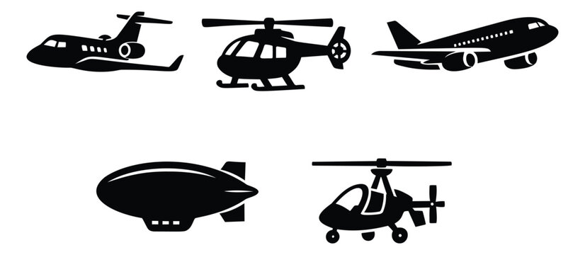Silhouette icon set of 5 aircraft types featuring jet plane, helicopter, airliner, blimp and gyrocopter for aviation design