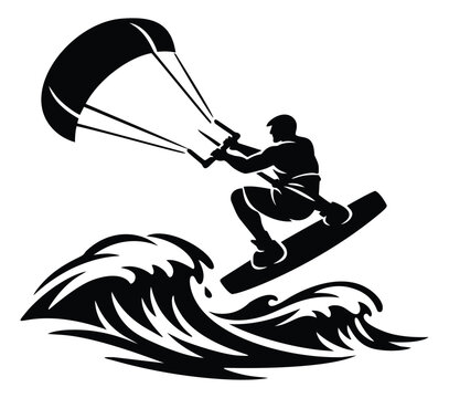 Silhouette illustration of kitesurfer depicting dynamic wave riding action for extreme sports and adventure design