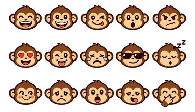Cartoon icon set of 15 monkey faces featuring various emotions and expressions for emoji and sticker design