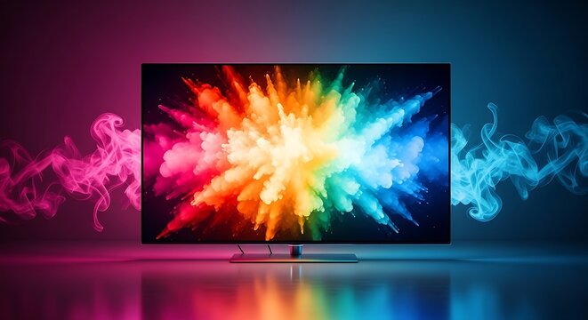 A flat-screen TV displays a vibrant explosion of colors with smoke-like effects flanking sides
