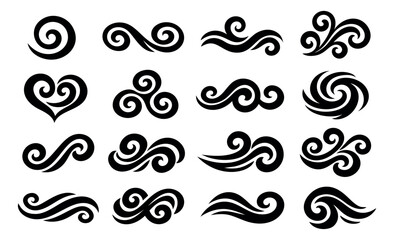 Fototapeta premium Silhouette icon set of 15 swirl and wave motifs featuring spiral curls, scrolls and decorative flourishes for ornamental design