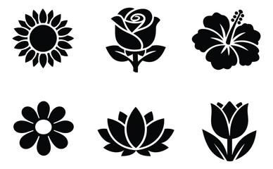 Obraz premium Silhouette icon set of 6 flowers featuring sunflower, rose, hibiscus, daisy, lotus and tulip for botanical design