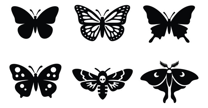 Silhouette icon set of 6 butterflies and moths featuring monarch, luna moth and death head designs for nature and tattoo design