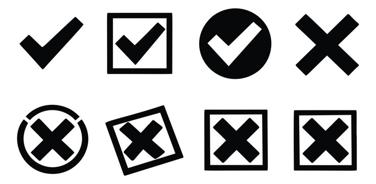 Flat icon set of 8 check mark and cross symbols featuring approval, rejection and voting signs for ui and form design