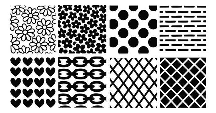 Flat pattern set of 8 seamless designs featuring flowers, hearts, chains, dots, dashes and geometric grids for textile and surface design