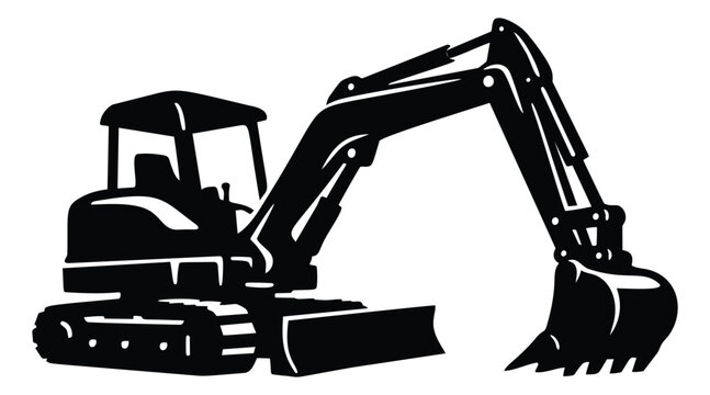 Silhouette illustration of a mini excavator depicting heavy construction machinery for industrial and building design