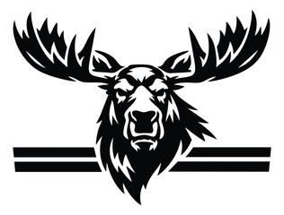 Bold woodcut illustration of angry moose head depicting fierce wildlife mascot for sports and branding design