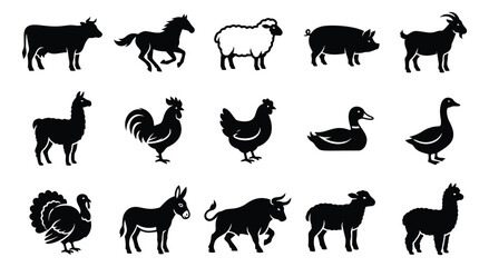 Fototapeta premium Silhouette icon set of 15 farm animals featuring cow, horse, sheep, pig, goat, llama, rooster, hen, duck, goose, turkey, donkey, bull and lamb for agriculture design