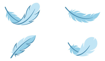 Flat icon set of 4 blue feathers featuring lightweight plume designs in various poses for nature and beauty projects