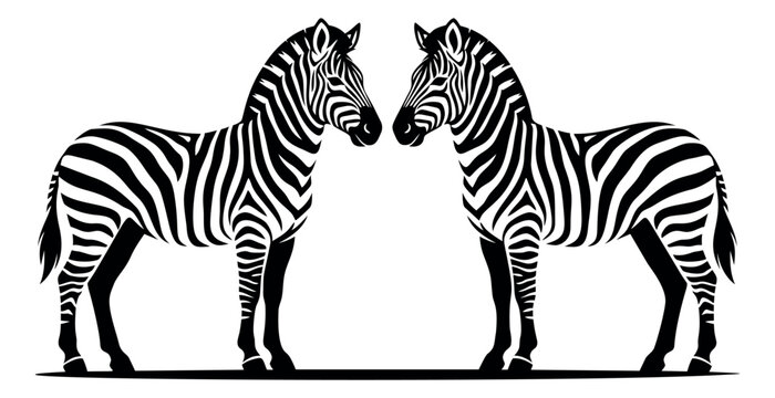 Bold engraving illustration of two zebras depicting a face to face encounter for wildlife and safari design
