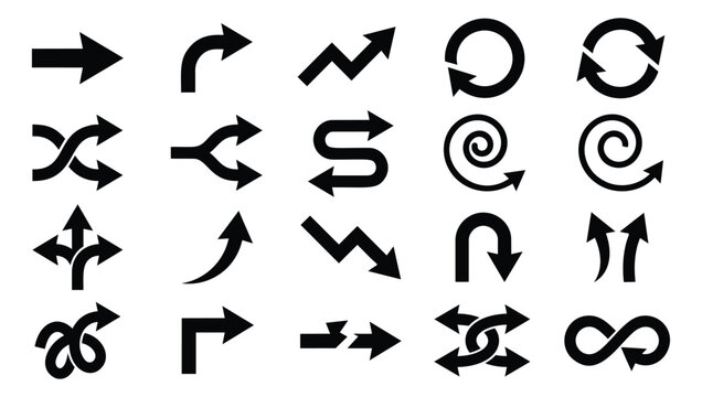 Flat icon set of 20 arrow symbols featuring directional, circular, spiral and infinity motion concepts for navigation design
