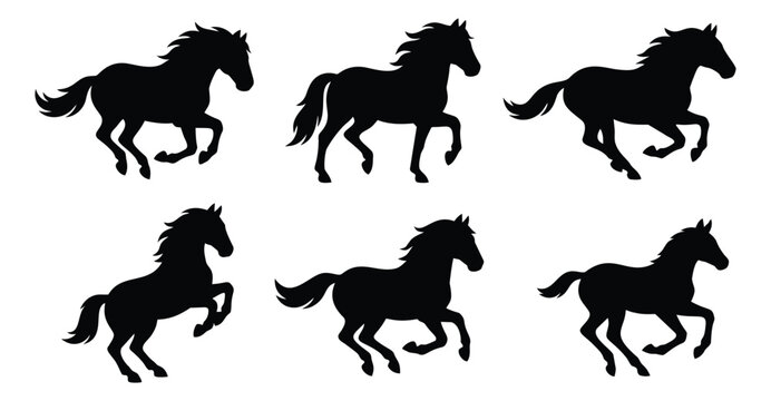 Silhouette icon set of 6 horses featuring running, galloping and rearing poses for equestrian design