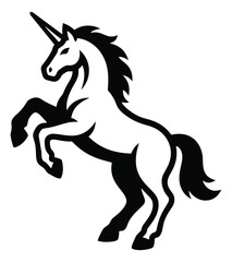 Bold cartoon illustration of a rearing unicorn depicting a majestic mythical horse with horn for fantasy and magic design