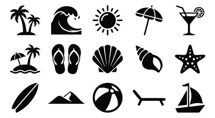 Obraz premium Silhouette icon set of 15 summer beach symbols featuring palm trees, waves, shells and tropical vacation elements for travel design