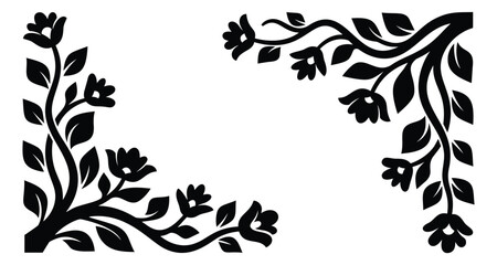 Silhouette illustration of decorative floral corner borders featuring botanical branches with flowers and leaves for elegant frame design