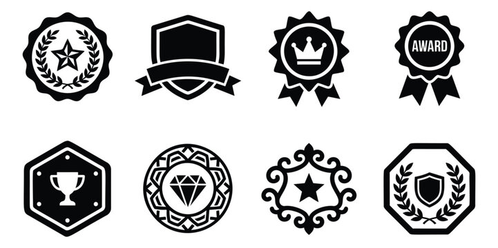 Flat icon set of 8 award and achievement badges featuring crown, trophy, diamond and shield emblems for recognition design