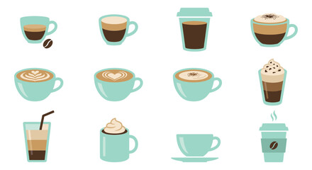 Fototapeta premium Flat icon set of 12 coffee drinks featuring espresso, latte, cappuccino and iced beverages for cafe menu design