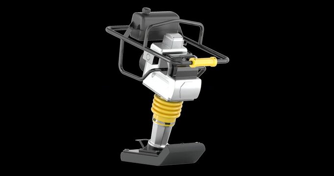 Tamping rammer compactor rotation animation seamlessly loopable. 3D rendering isolated on transparent background