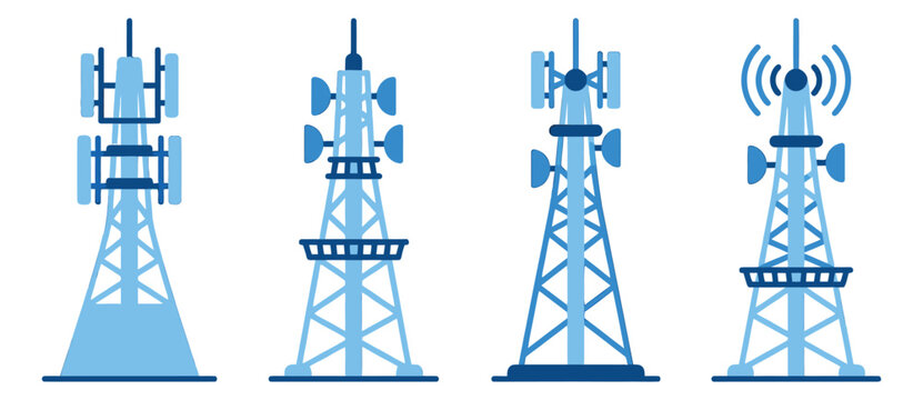 Flat icon set of 4 telecommunication towers featuring antenna masts and wireless signal equipment for technology design
