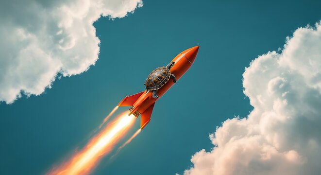 A tortoise clings to a rocket soaring through a cloudy, blue sky