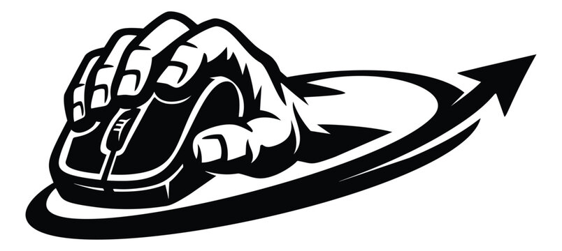 Bold cartoon illustration of a fist gripping a computer mouse depicting speed and control for gaming and technology design