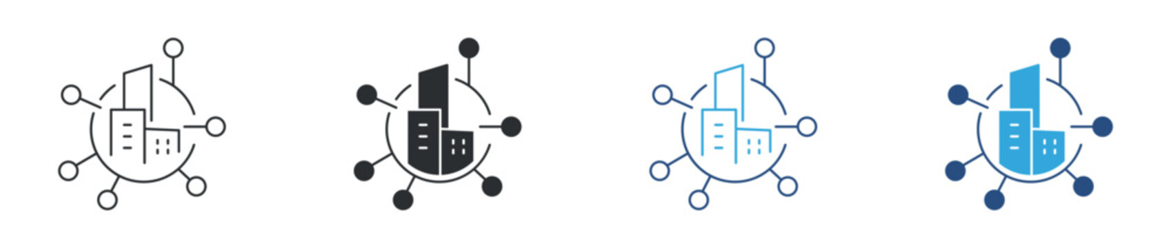 Smart city  icon set, connected buildings technology icon. Urban communication infrastructure concept. Smart city system symbol. Vector illustration.
