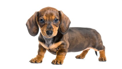 Obraz premium A brindle dachshund puppy with floppy ears, standing on a white background and gazing at the viewer