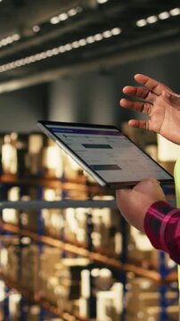 Vertical Video African american female staff using headset to handle package tracking, cargo status and customer complaints on a call. Woman transmitting parcel tracking info for e-commerce services.