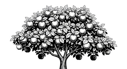 Hand-drawn Apple Tree Illustration with Ripe Fruits and Leaves © Apel