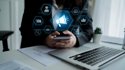 Digital marketing promotion strategy using megaphone, social media marketing, digital ads video...