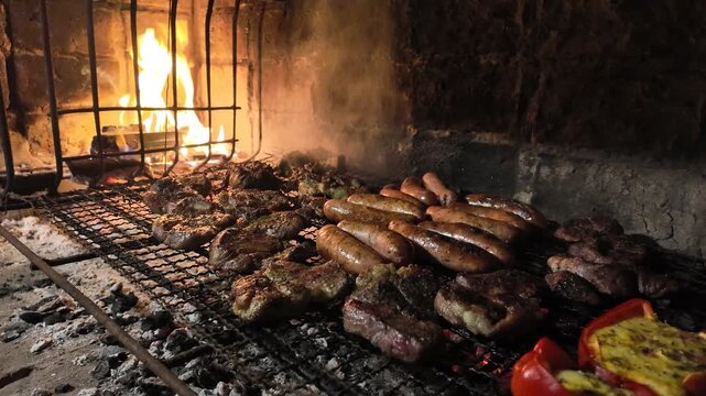 Assorted meat, sausages, and stuffed peppers cooking on a traditional charcoal parrilla with fire
