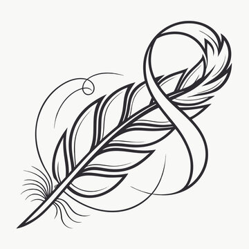 Black and white vector feather illustration with vintage sketch design elements