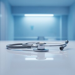 Modern Clinic Stethoscope on Reflective Surface in Blue Hallway