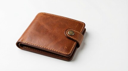 A brown leather wallet with a snap closure on a white background