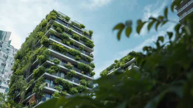 Green vertical residential building with abundant balcony vegetation, sustainable urban balcony
