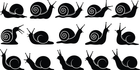 Black snail silhouette vector collection featuring garden gastropod icons in various crawling poses isolated on white background for nature design and wildlife animal projects © MdHasanAli