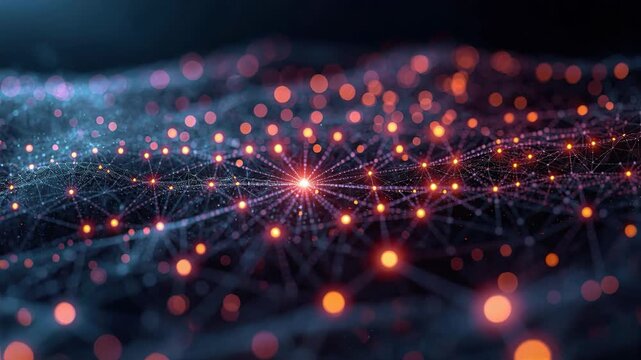 Glowing network nodes mesh of light and digital data in flowing interconnected node grid