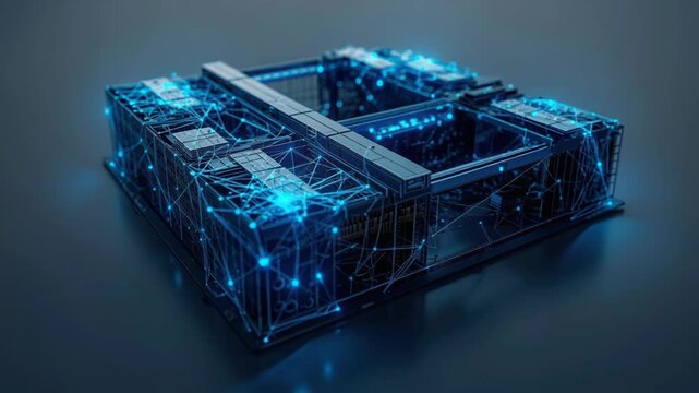 Futuristic server module and unit merging glowing neural network overlay with blue connectivity