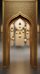 Intricate gold-colored archway adorned with hanging ornaments and detailed patterns.
