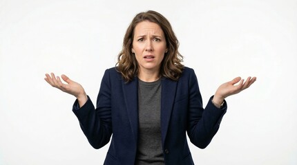 A confused businesswoman shrugs her shoulders in a gesture of uncertainty.