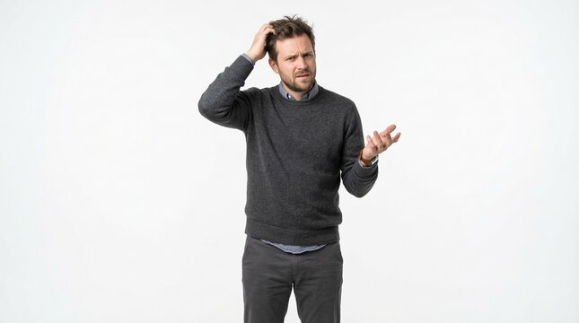 A confused man scratching his head and gesturing with his hand in a puzzled expression